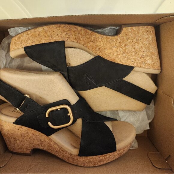 Clarks "Giselle Dove" Black Nubuck Wedge Sandals. Leather. NIB. Size 7.5 - Picture 8 of 9